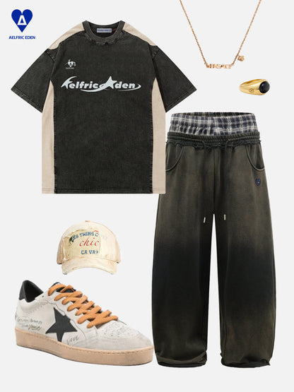 Layer Double Waist Washed Baggy Sweatpants